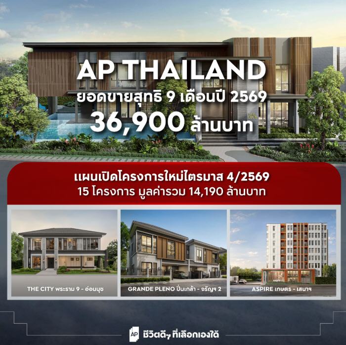 เอพี ไทยแลนด์ ยอดขาย 9 เดือนทะลุ 36,900 ล้านบาท เตรียมเปิด 15 โครงการใหม่ไตรมาส 4